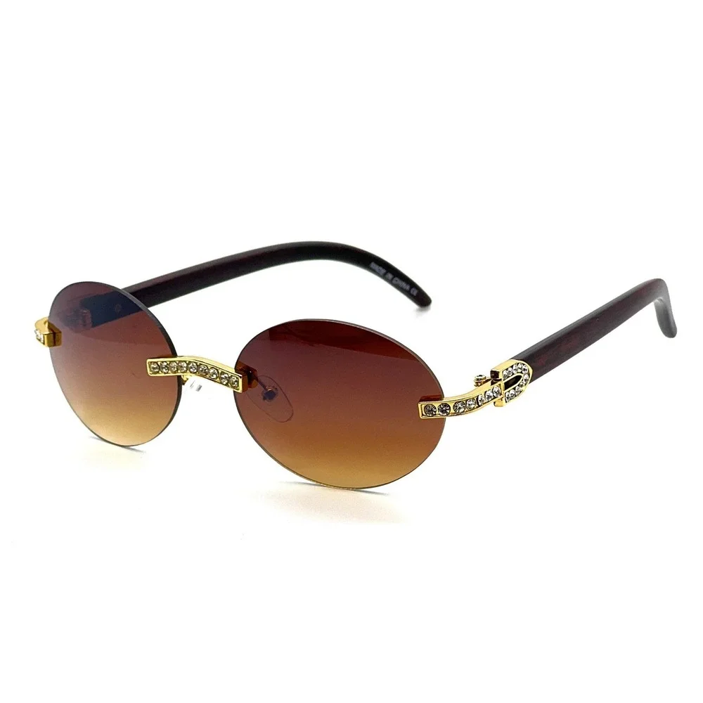 Rimless Sunglasses Oval Lens Wood Grain Frame Rhinestone Accents‎ Men Gafas 2026